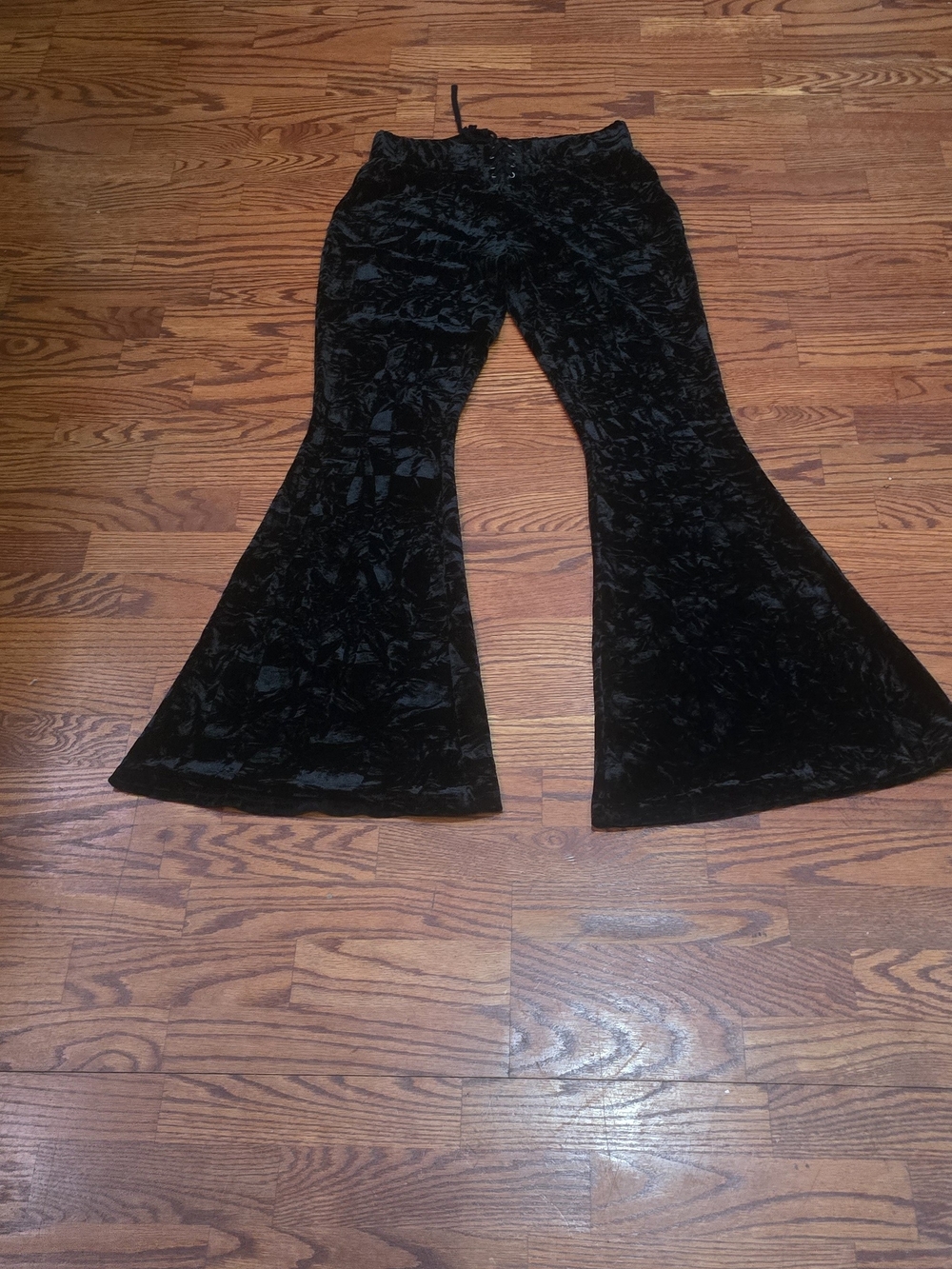 Killstar Crushed Velvet Flare Pants Black Lace Up Bell Bottoms Goth Whimsigoth L